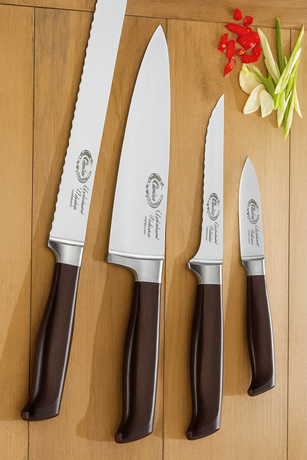 Carico Professional Cutlery knives on a cutting board