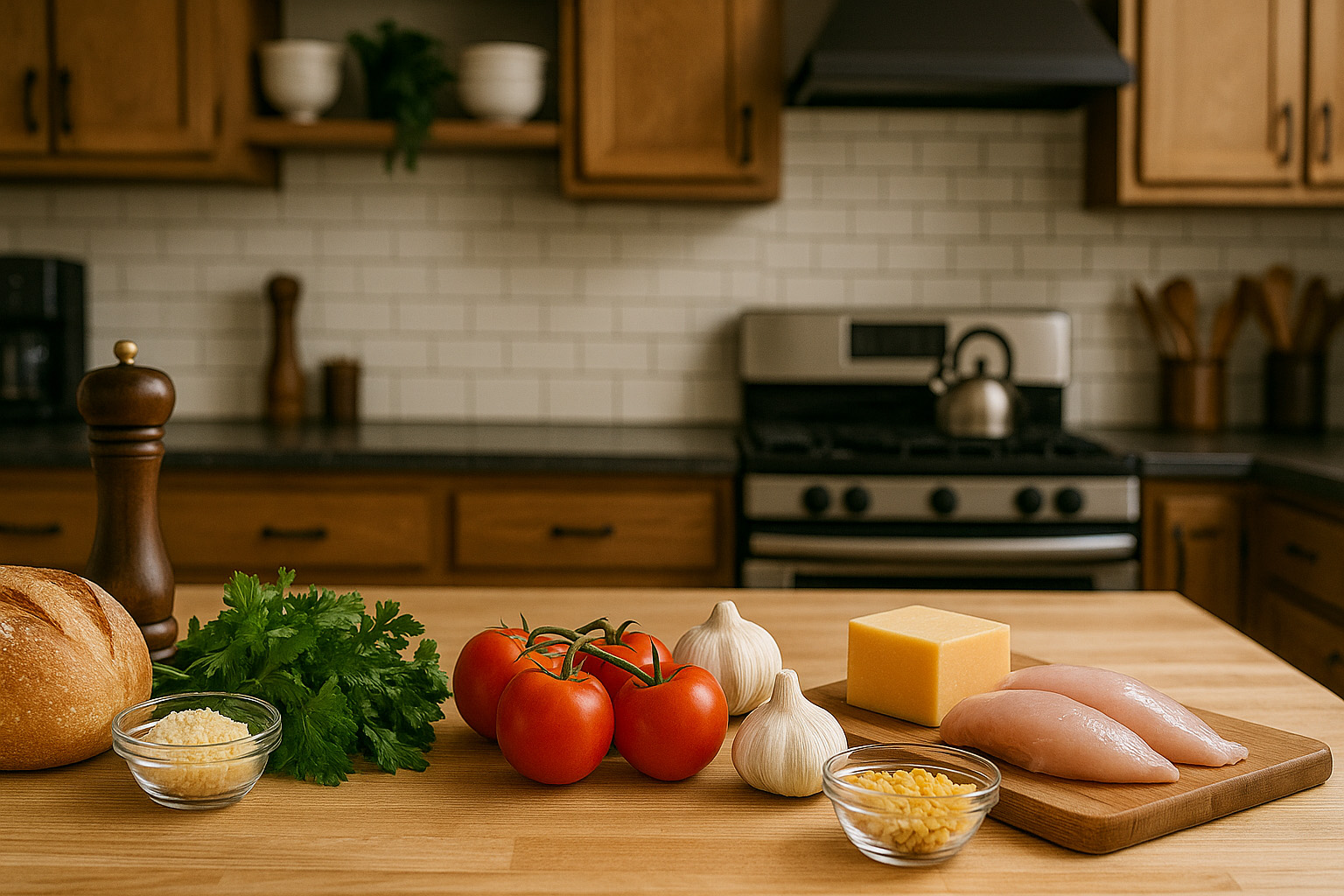 Warm kitchen scene with ingredients on a wooden board