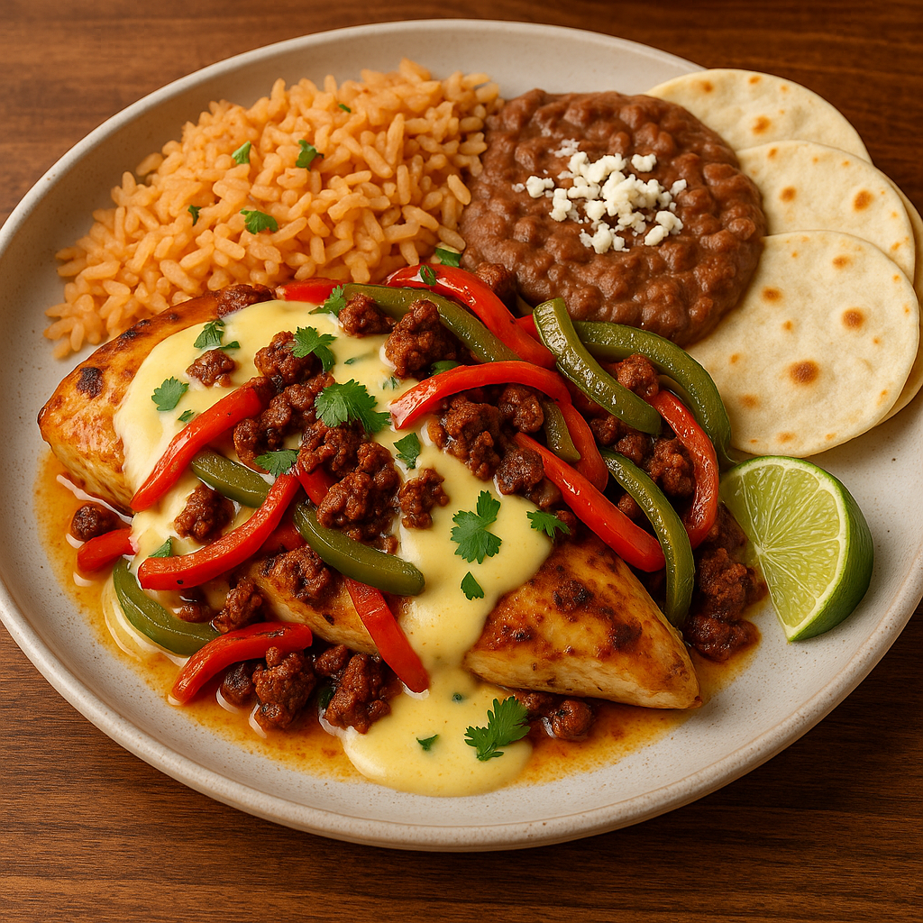Ultimate Chori Pollo with chorizo, queso, rice, beans and tortillas