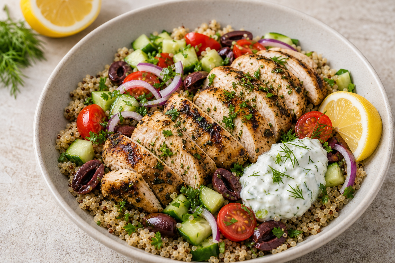 Fresh Greek chicken bowls with vegetables and sauce
