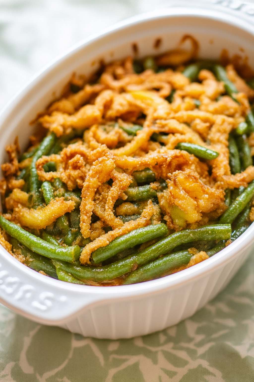 Green bean casserole topped with crispy fried onions in a baking dish