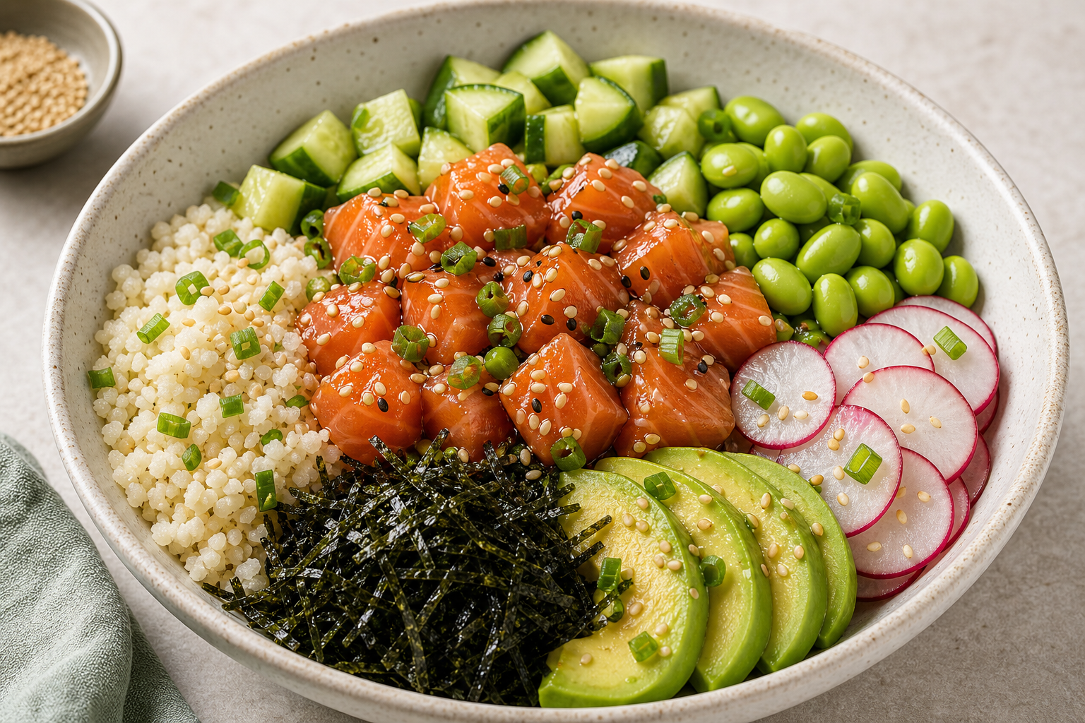 Salmon poke bowl with cucumber, avocado, edamame, radish, and seaweed