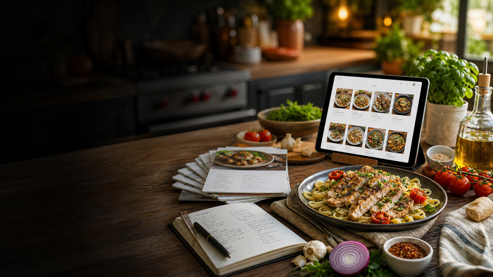A BiteTalk recipe spread with a tablet recipe library, printed recipe cards, and a finished dinner.