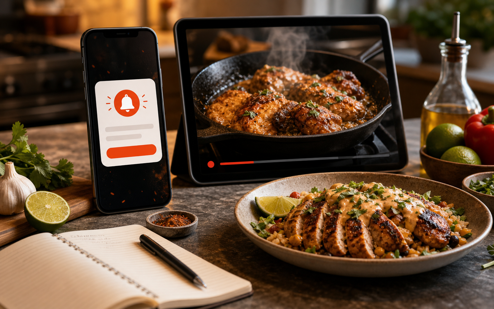 A phone alert and tablet live cooking preview beside a bold dinner on a kitchen counter.