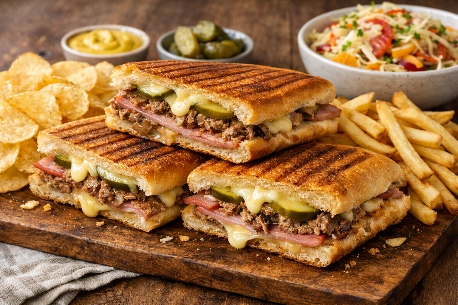 Pressed homemade Cubano sandwich with mojo pork, ham, Swiss cheese, mustard, and pickles