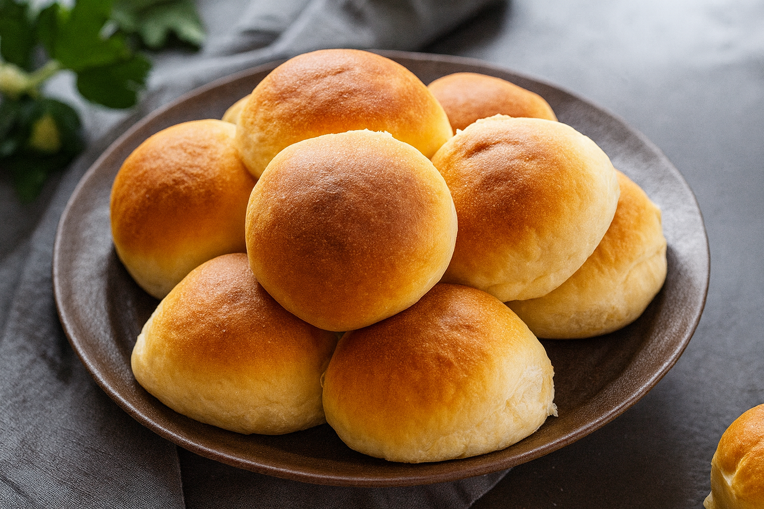 Pan of soft golden dinner rolls brushed with melted butter