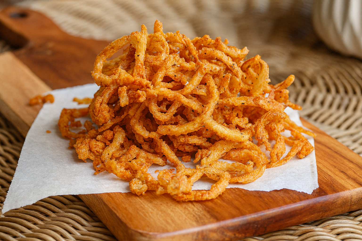 A pile of golden crispy homemade fried onions on a tray