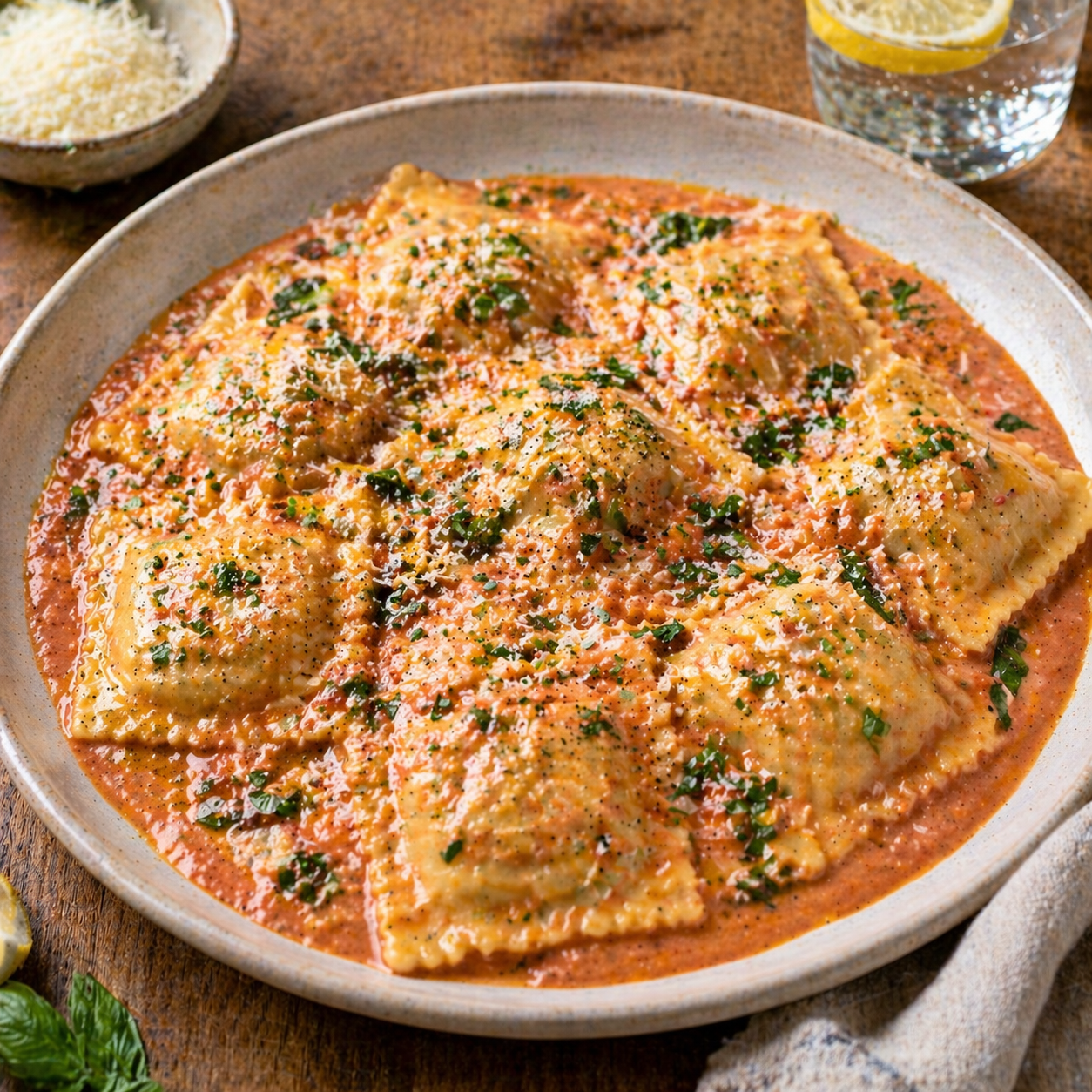 Homemade lobster ravioli with blush sauce