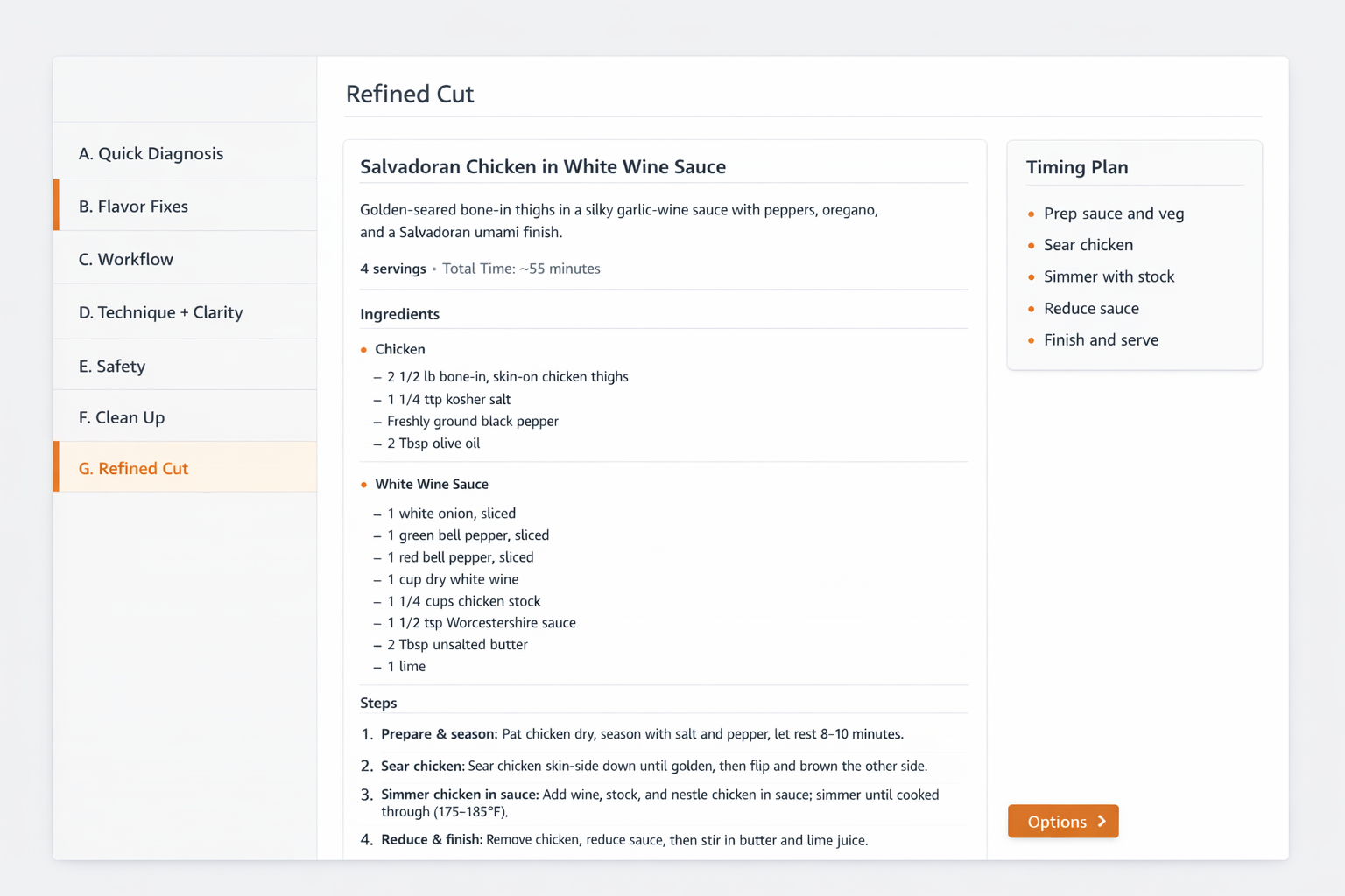 Screenshot-style example of an A–G audit and refined output