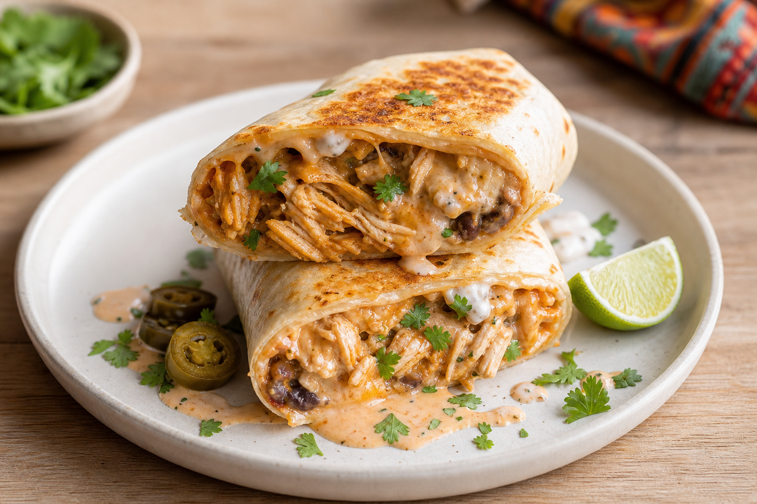 Crisped shredded chicken burrito sliced open with smoky yogurt sauce