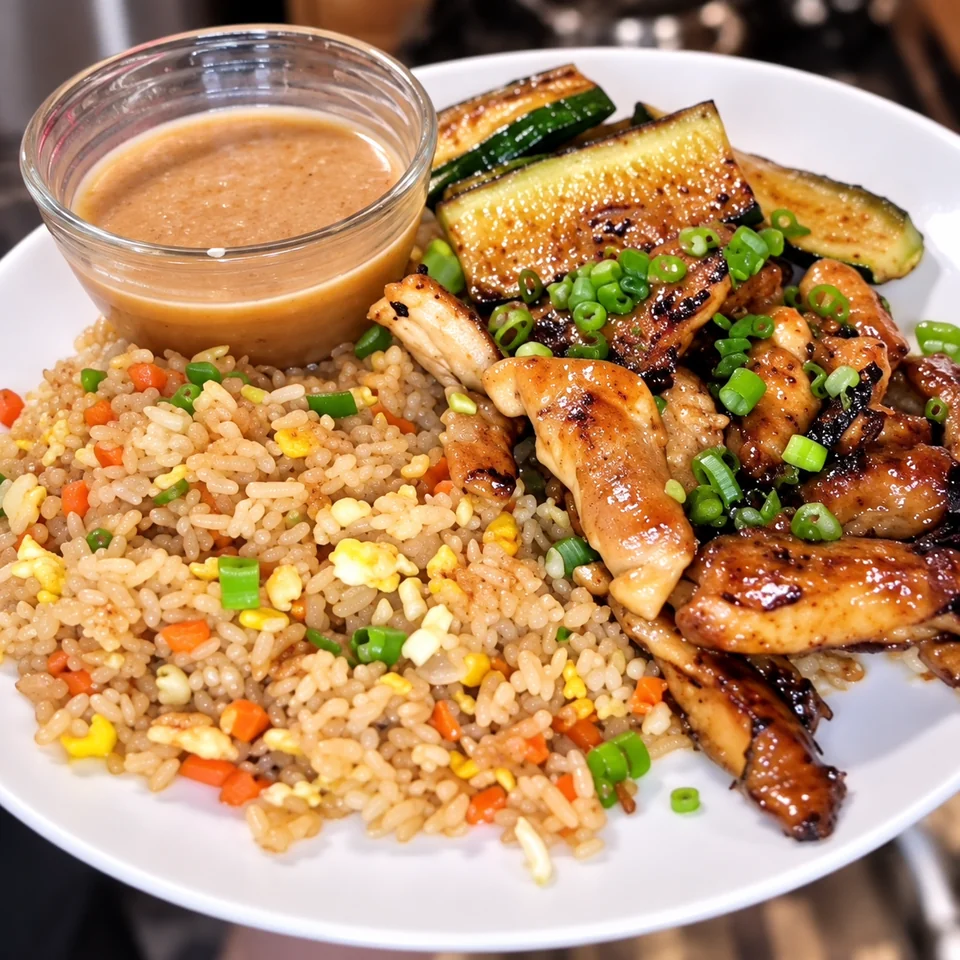 Scott’s hibachi chicken with fried rice and zucchini; enhanced still from his cooking video