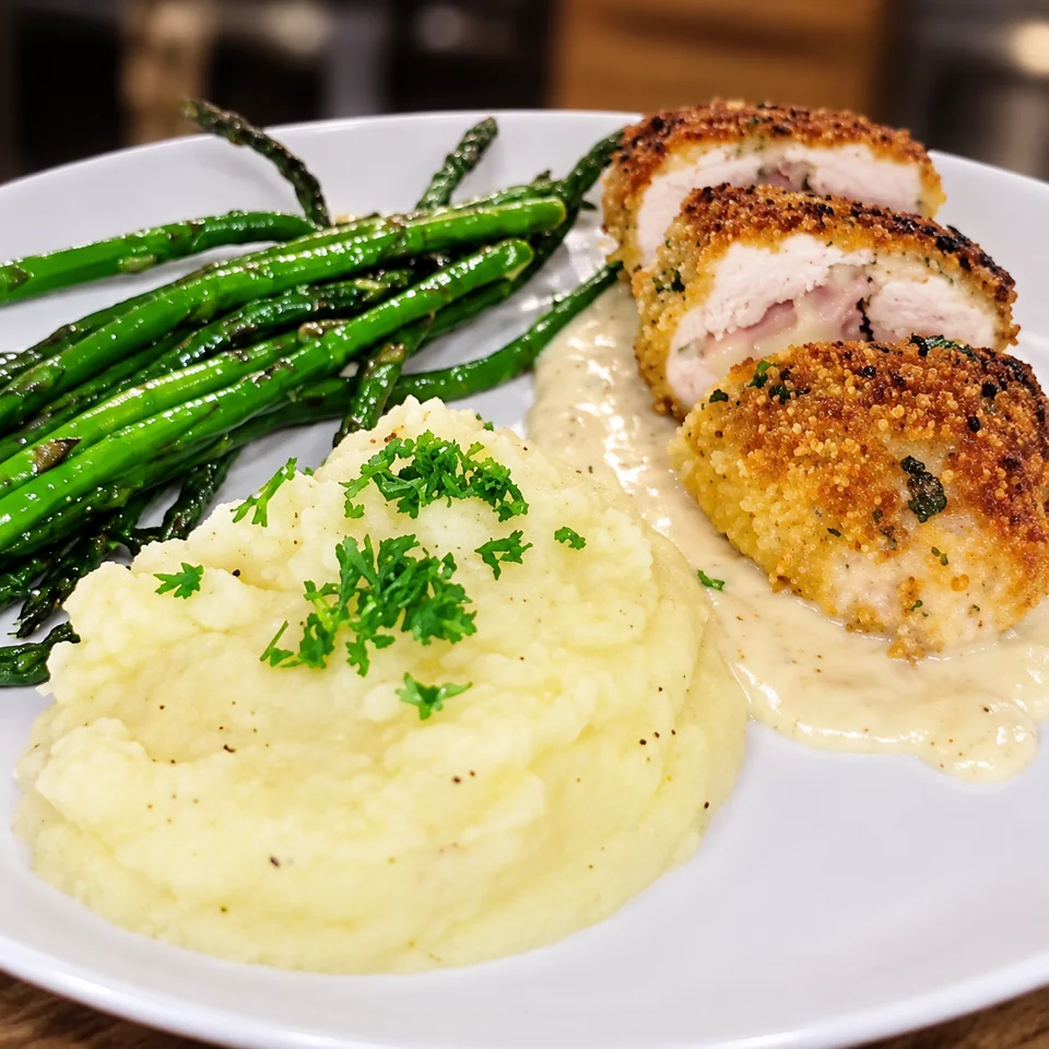 Herb-Dijon cordon bleu roulade with Gruyere-sherry cream
