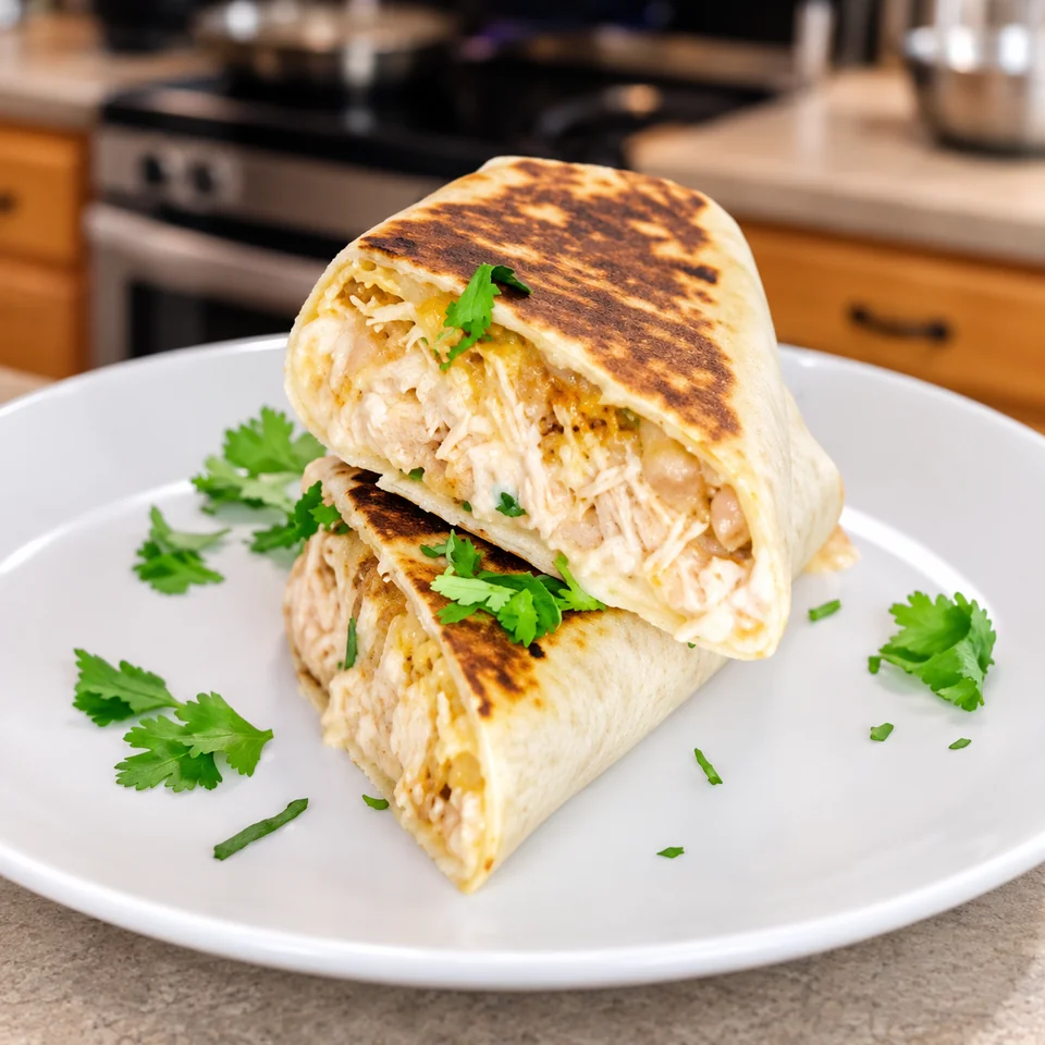 Crisped shredded chicken burrito sliced open with smoky yogurt sauce
