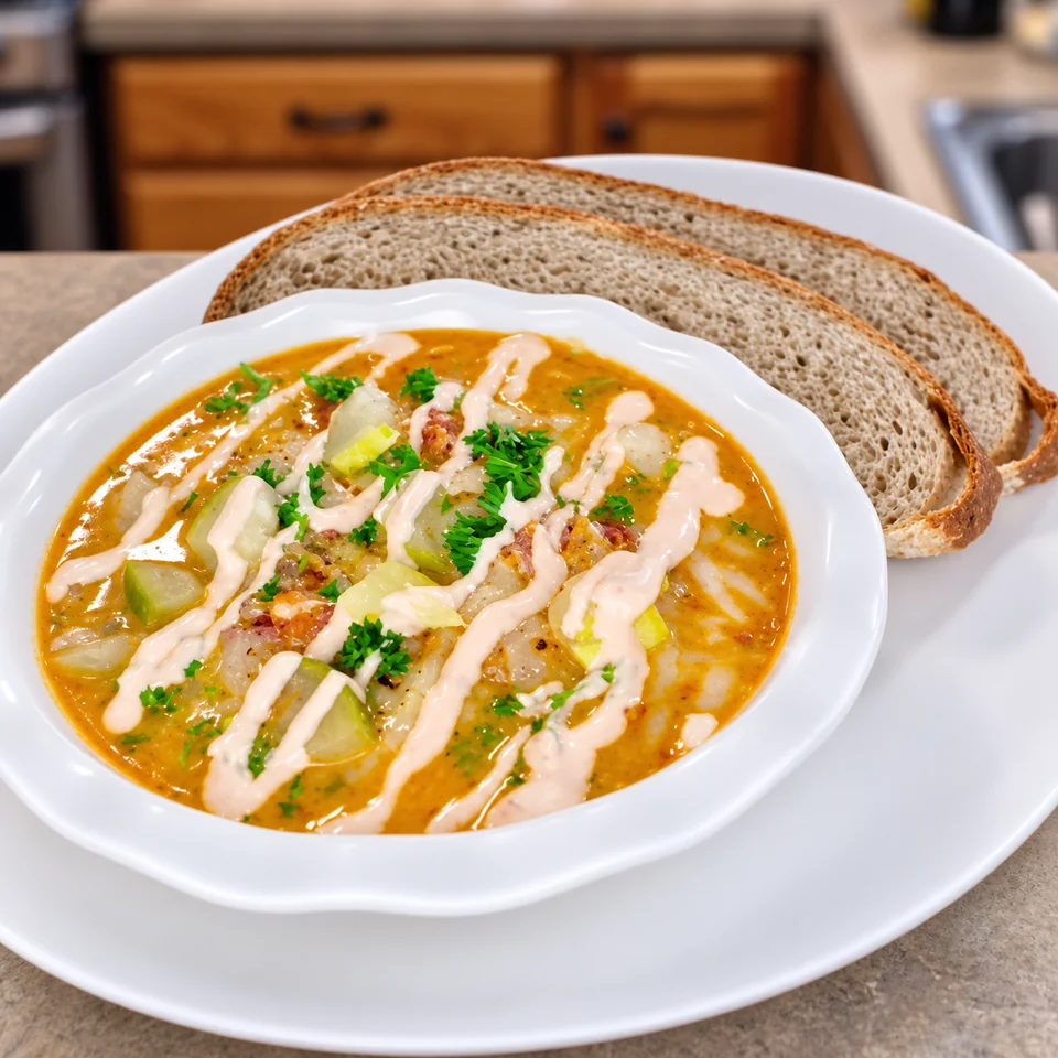 Scott’s Reuben soup with rye bread; enhanced video still