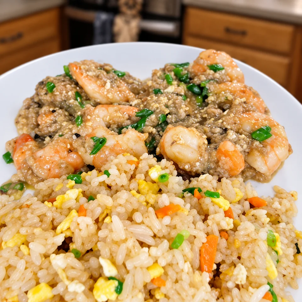 Scott’s shrimp with lobster sauce and fried rice; enhanced video still.