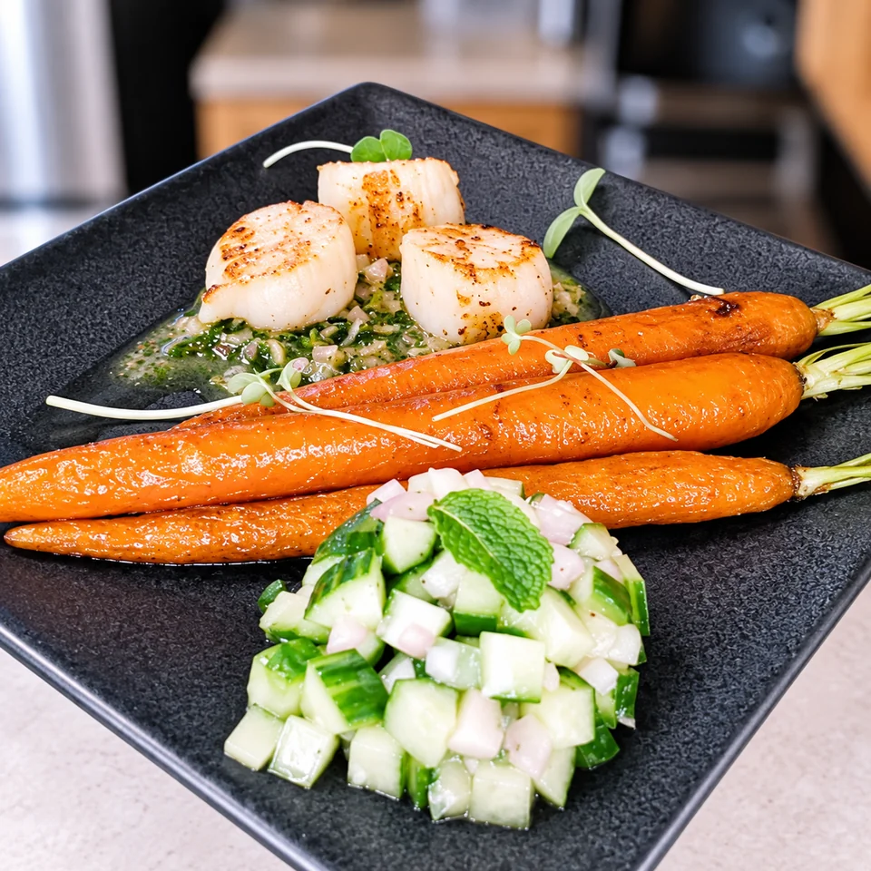 Scott’s seared scallops with carrots and cucumber-shallot salad; enhanced video still.