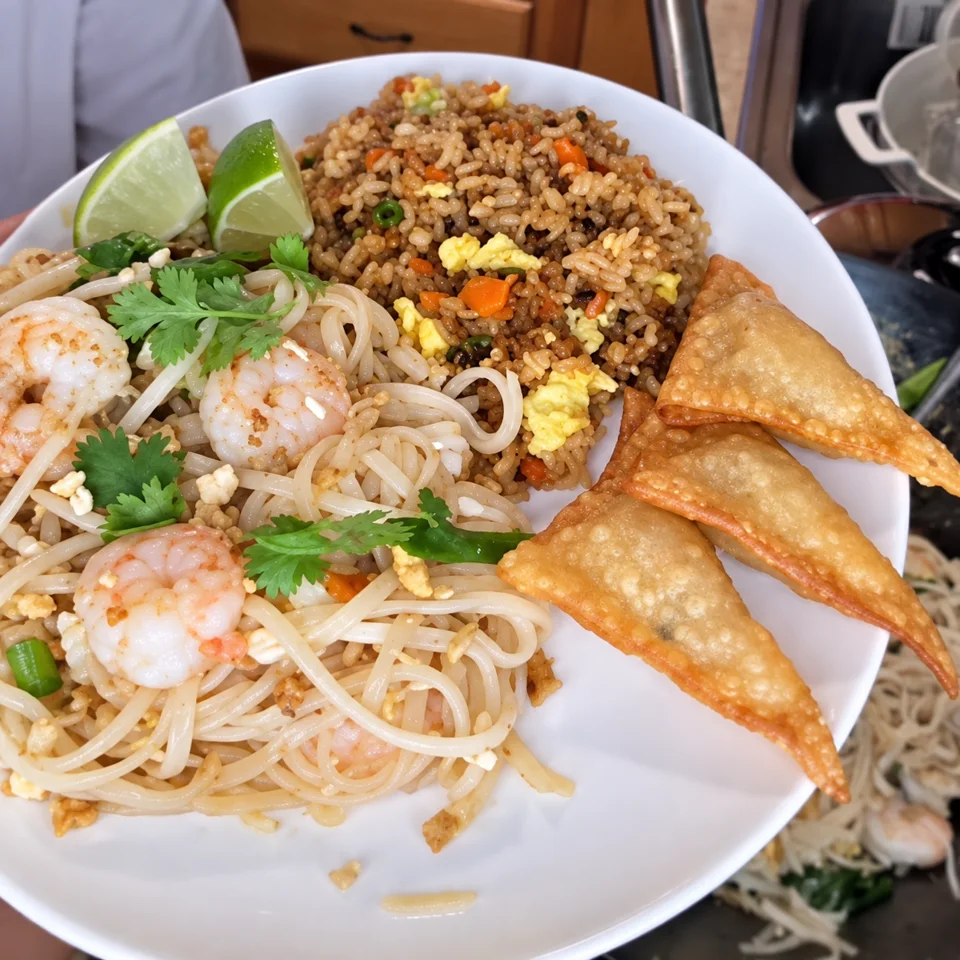 Shrimp pad Thai, pork fried rice and fried wontons; enhanced video still