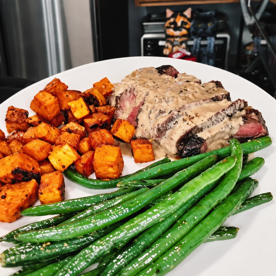 Steak Diane with green beans and sweet potatoes; enhanced video still