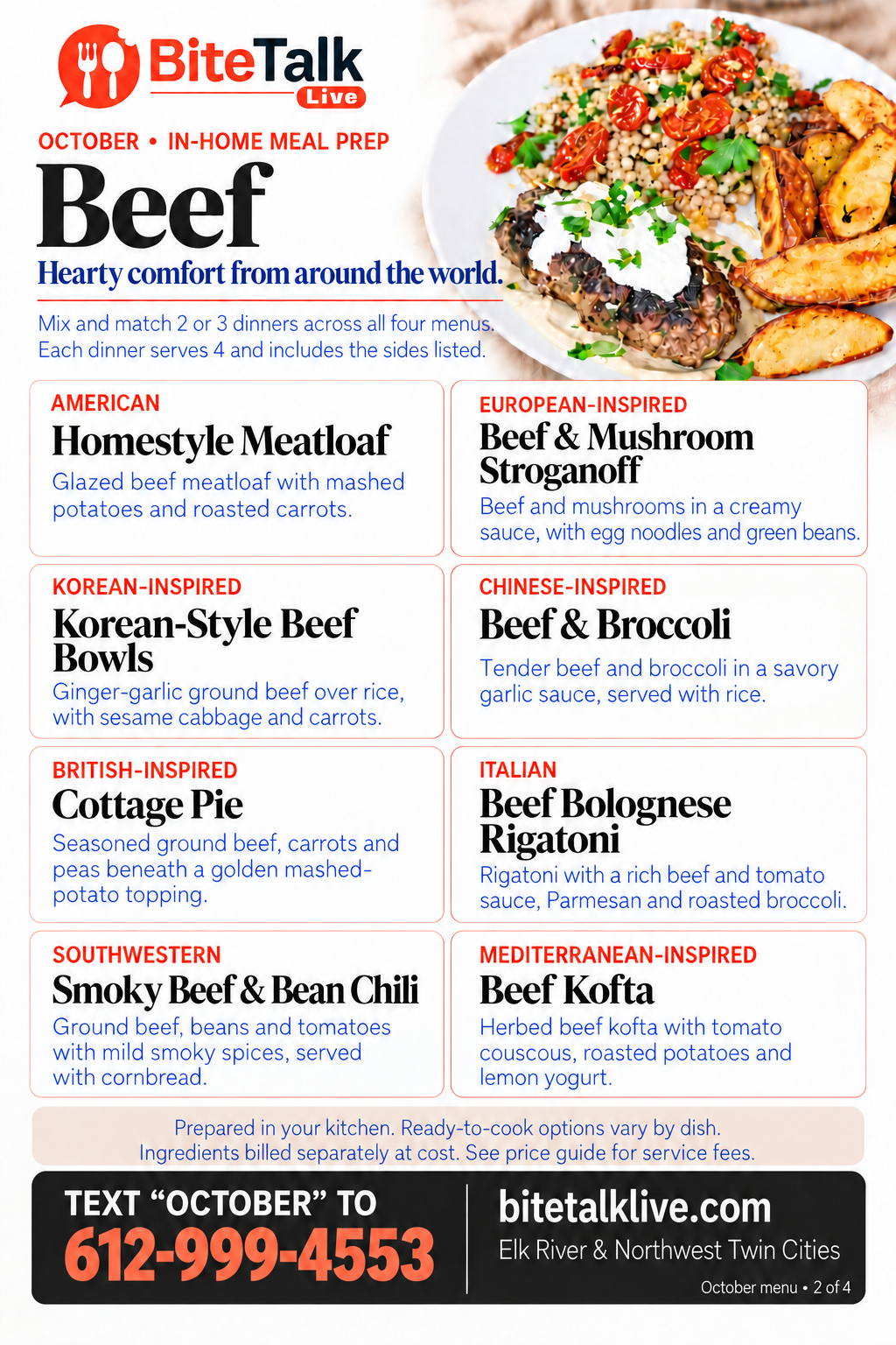 BiteTalk October 2026 Beef menu. All eight choices are listed as text below.