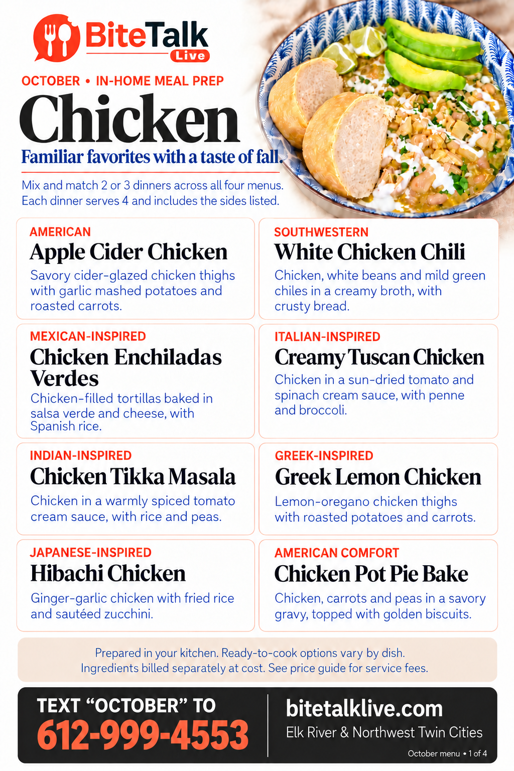BiteTalk October 2026 Chicken menu. All eight choices are listed as text below.