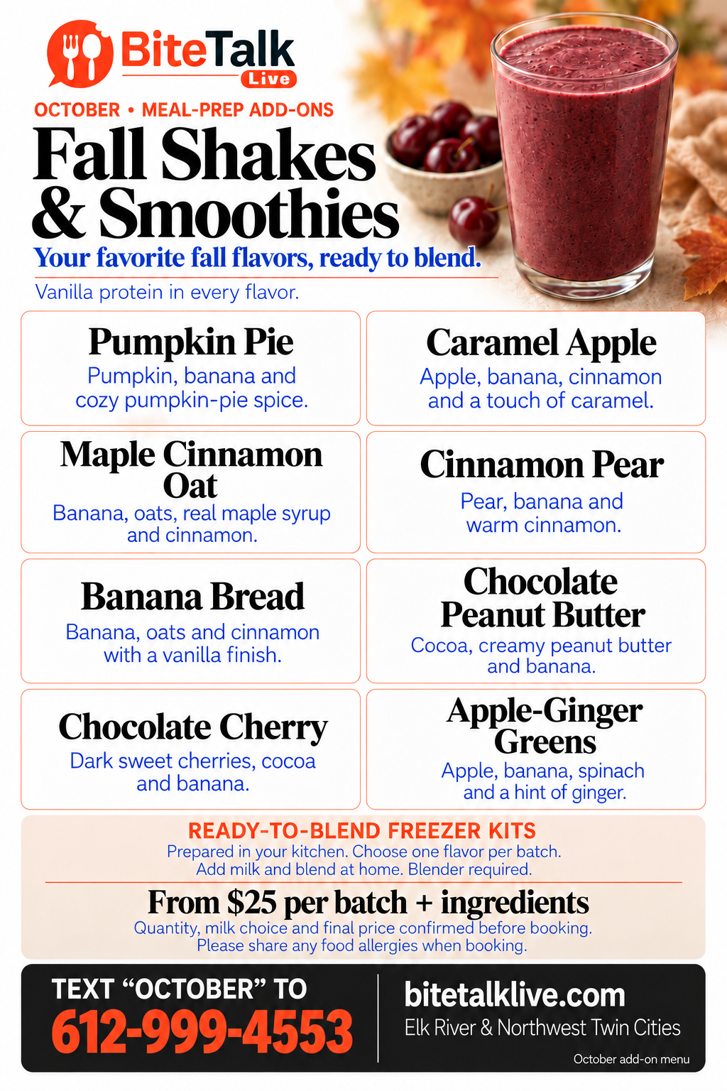 BiteTalk October 2026 Fall Shakes & Smoothies menu. All eight choices are listed as text below.