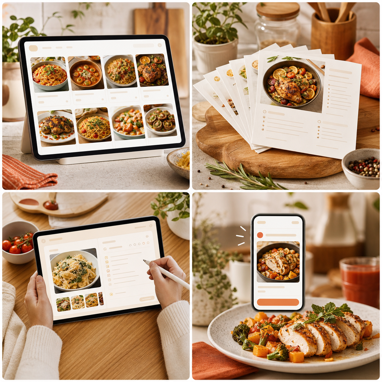 Four BiteTalk membership benefits shown as recipe vault, printable cards, recipe editing, and new recipe drop visuals.