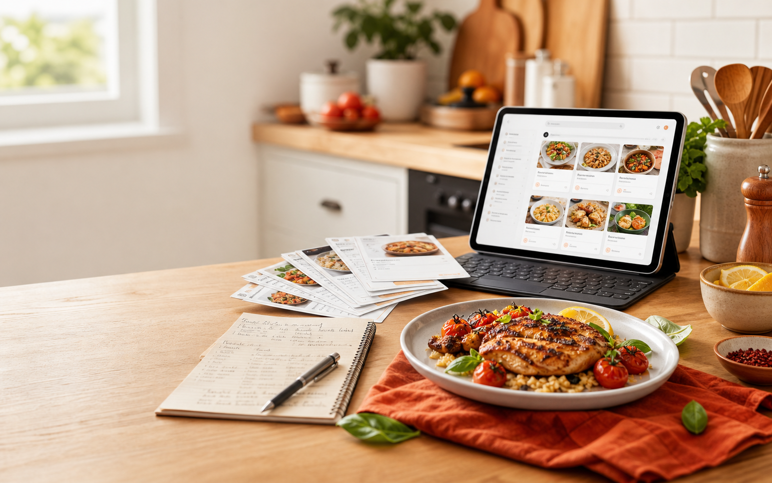 BiteTalk member tools shown on a tablet with printable recipe cards and a finished dinner plate.