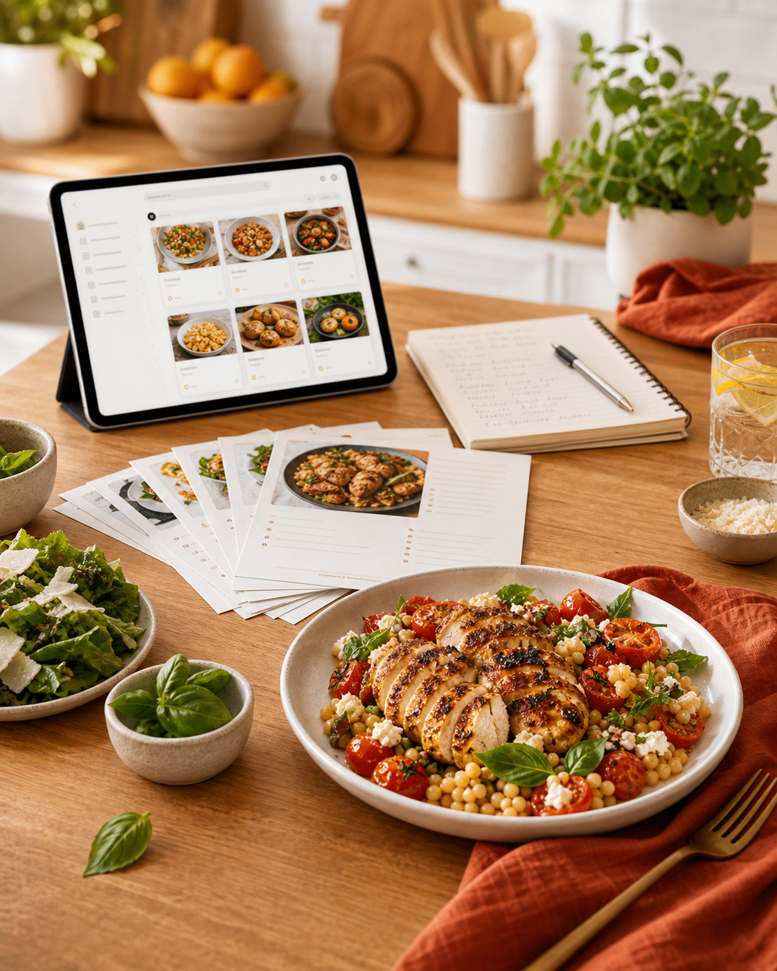 A BiteTalk members dinner spread with printed recipe cards and a tablet recipe library.