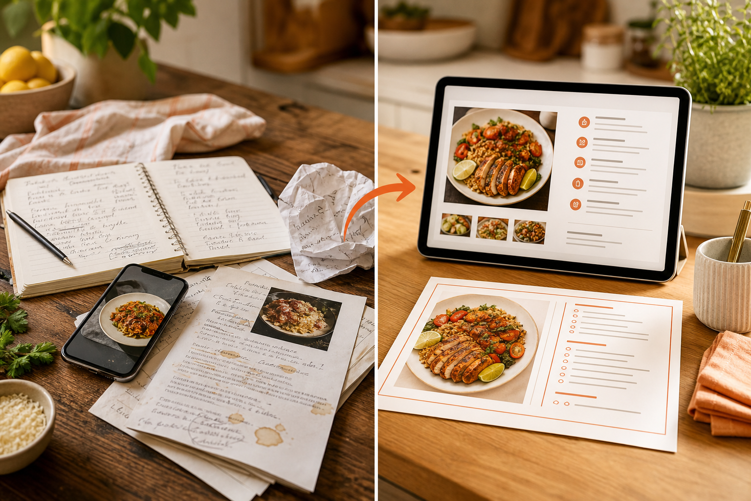 Messy recipe notes transformed into a clean BiteTalk recipe card and tablet recipe view.