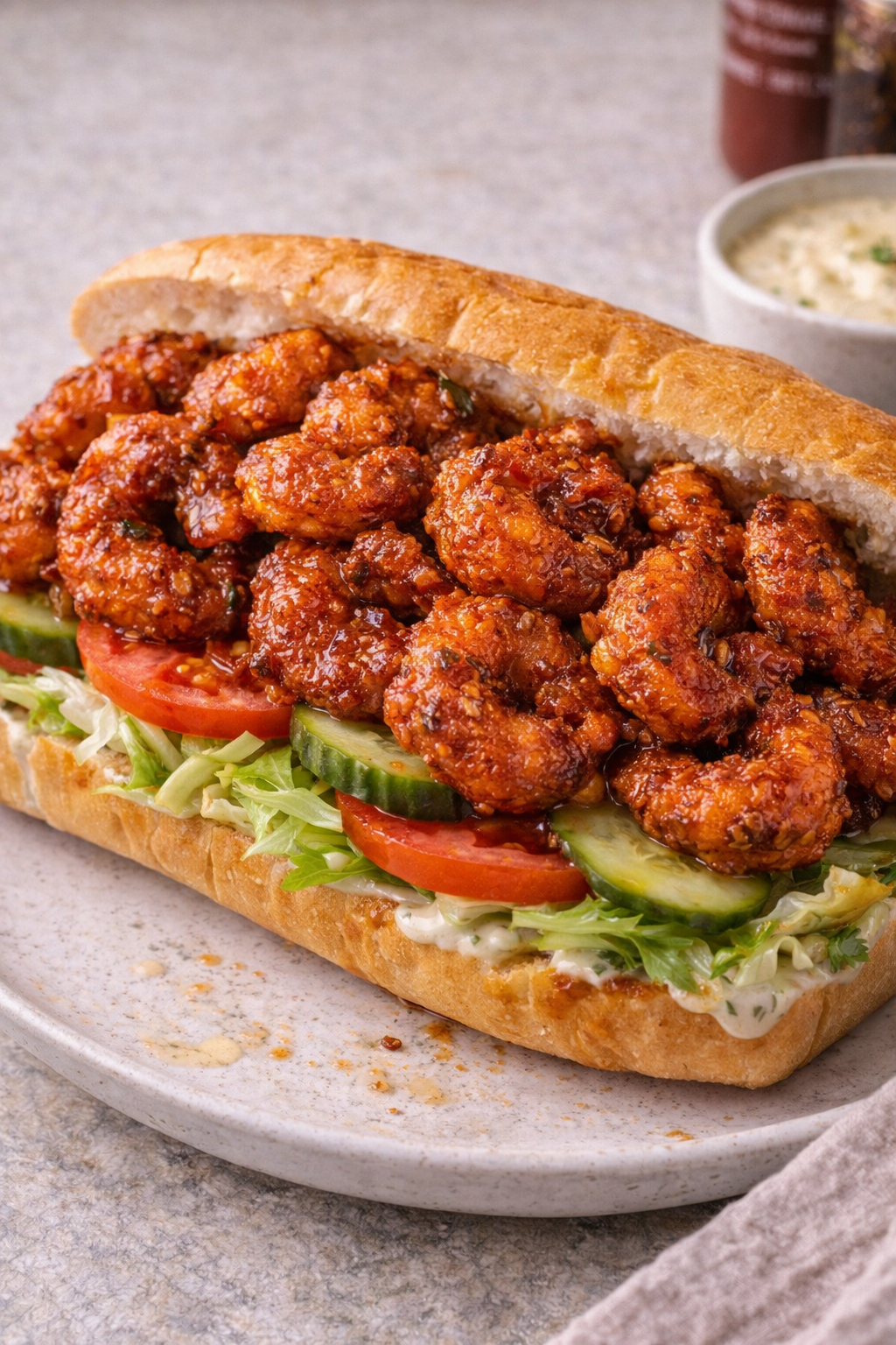 Nashville hot shrimp po boy sandwich.