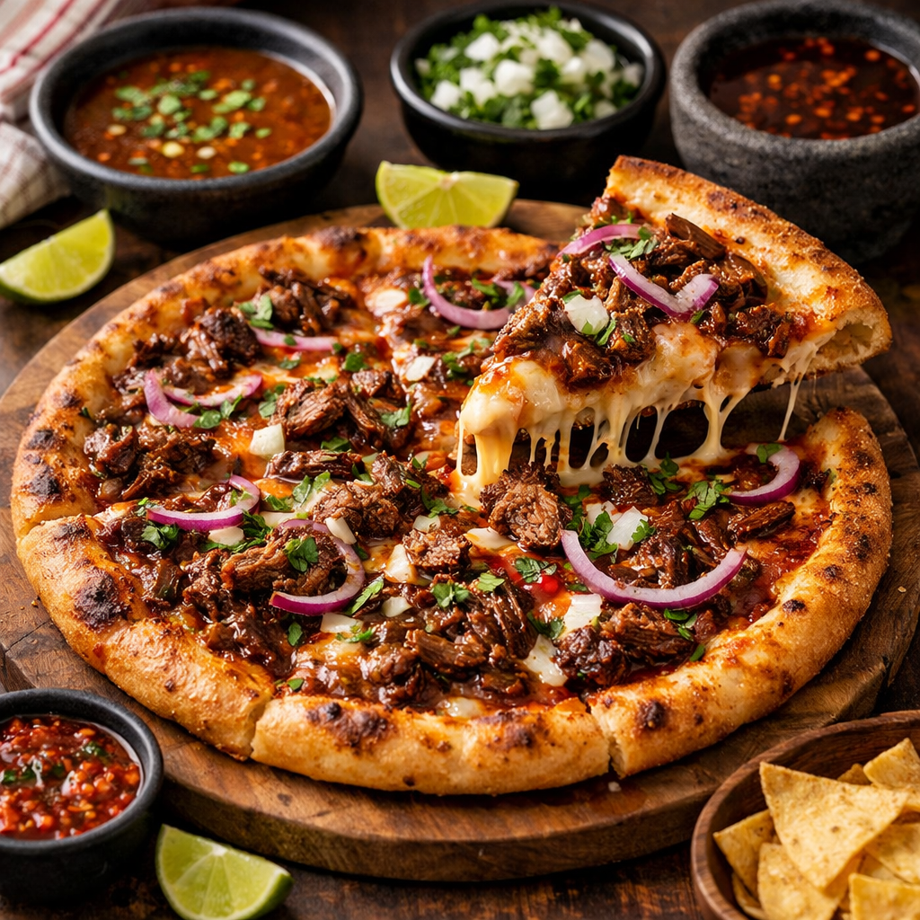 Quesabarilla pizza with barbacoa, melted cheese, and fresh garnishes