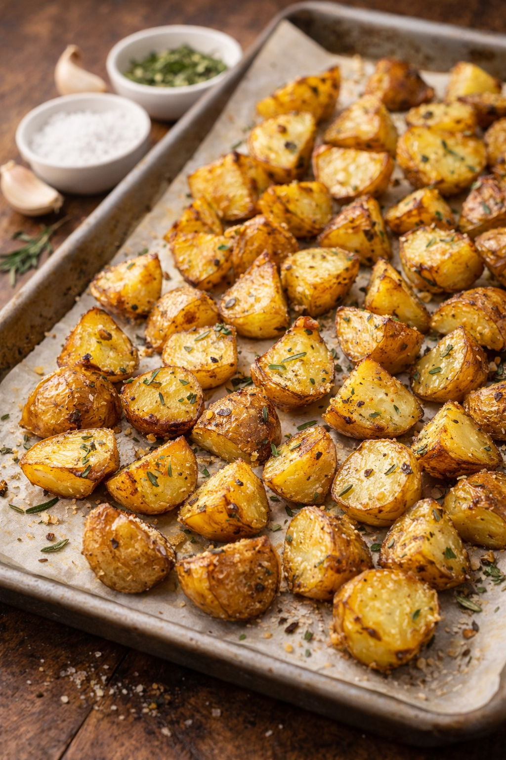 Crispy roasted potatoes on a sheet pan