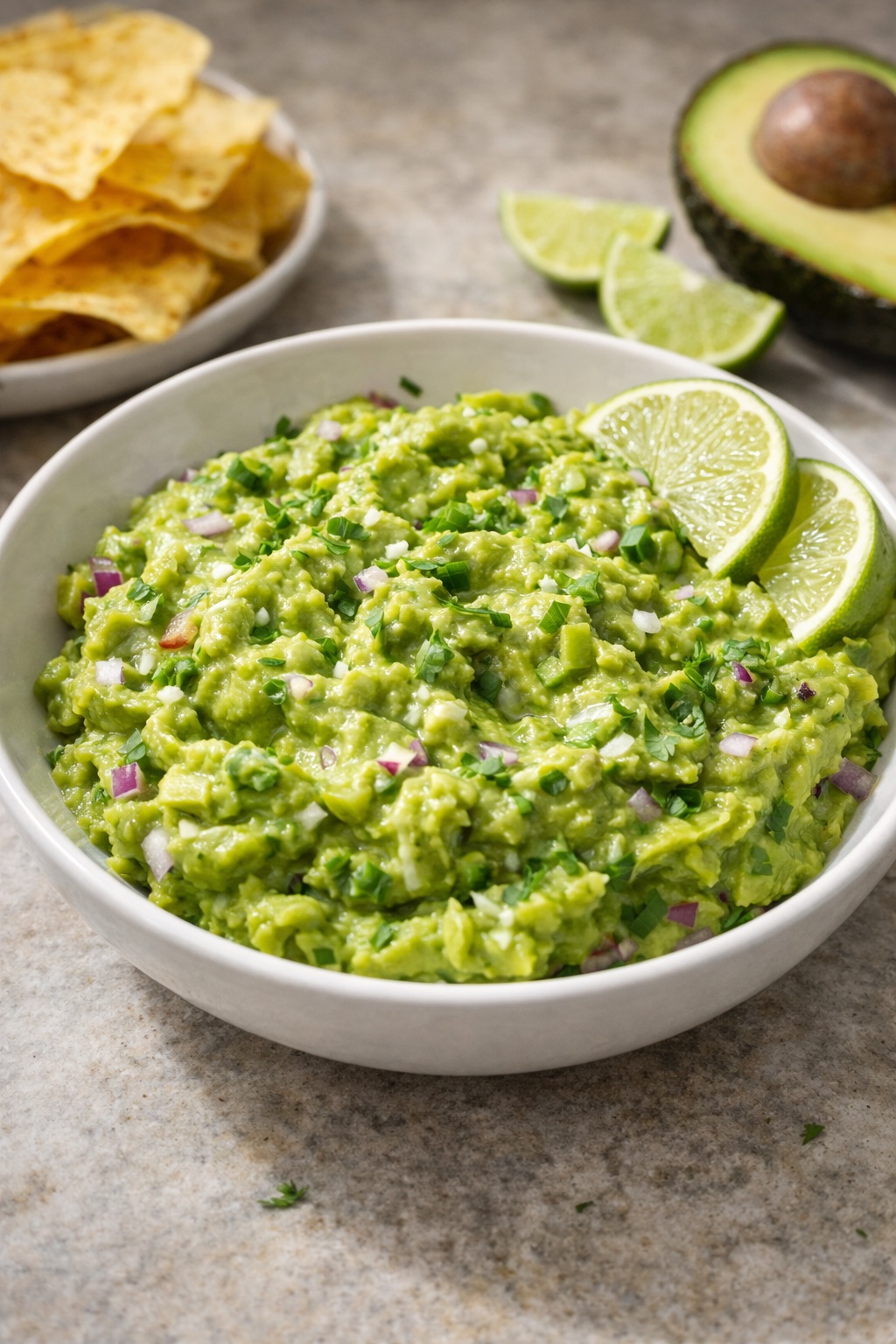 Bowl of guacamole with tortilla chips