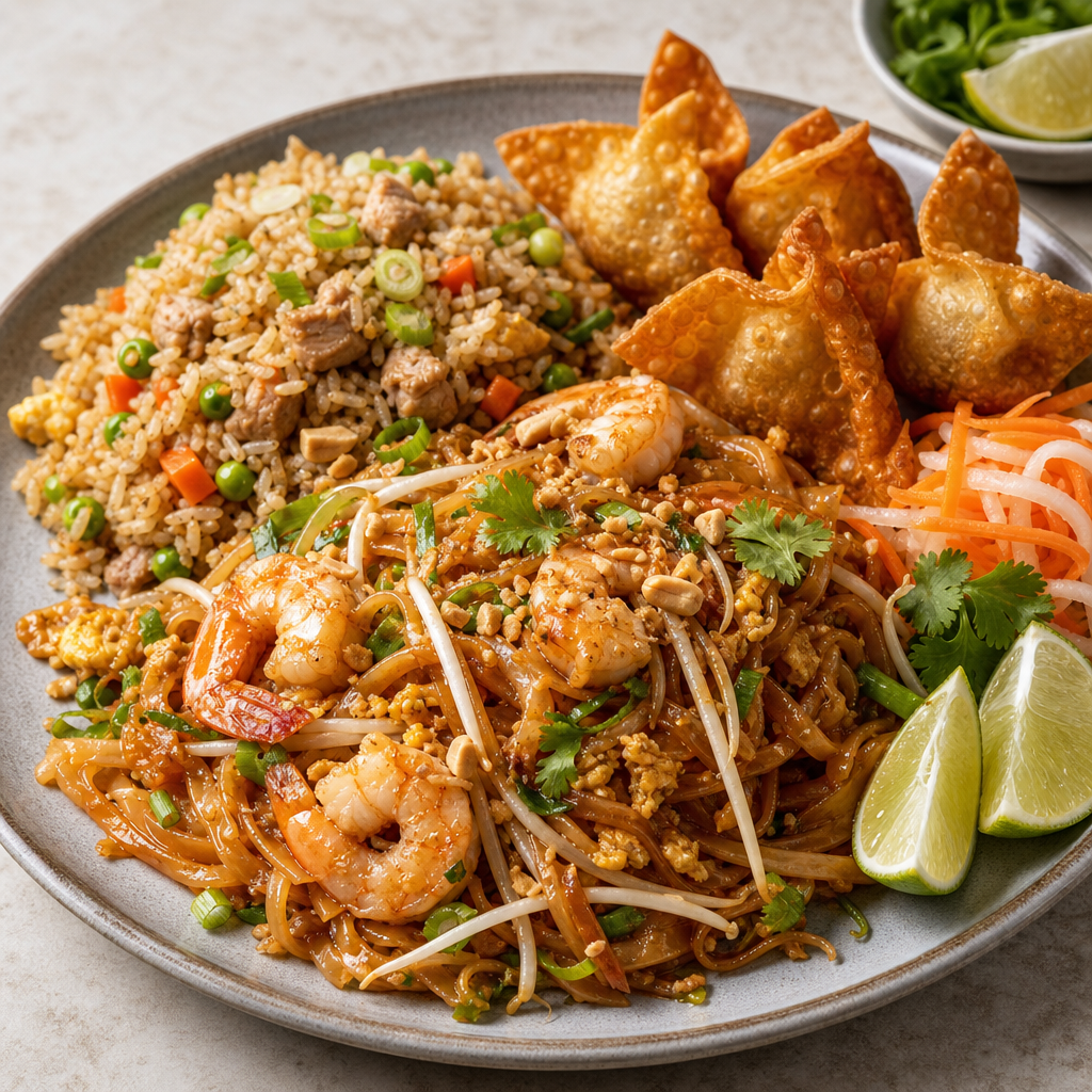 Shrimp Pad Thai with pork fried rice and homemade fried wontons