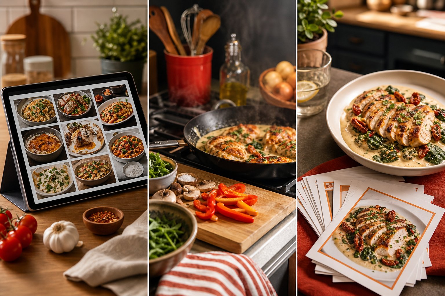 BiteTalk recipes shown from discovery to cooking and printable recipe cards.