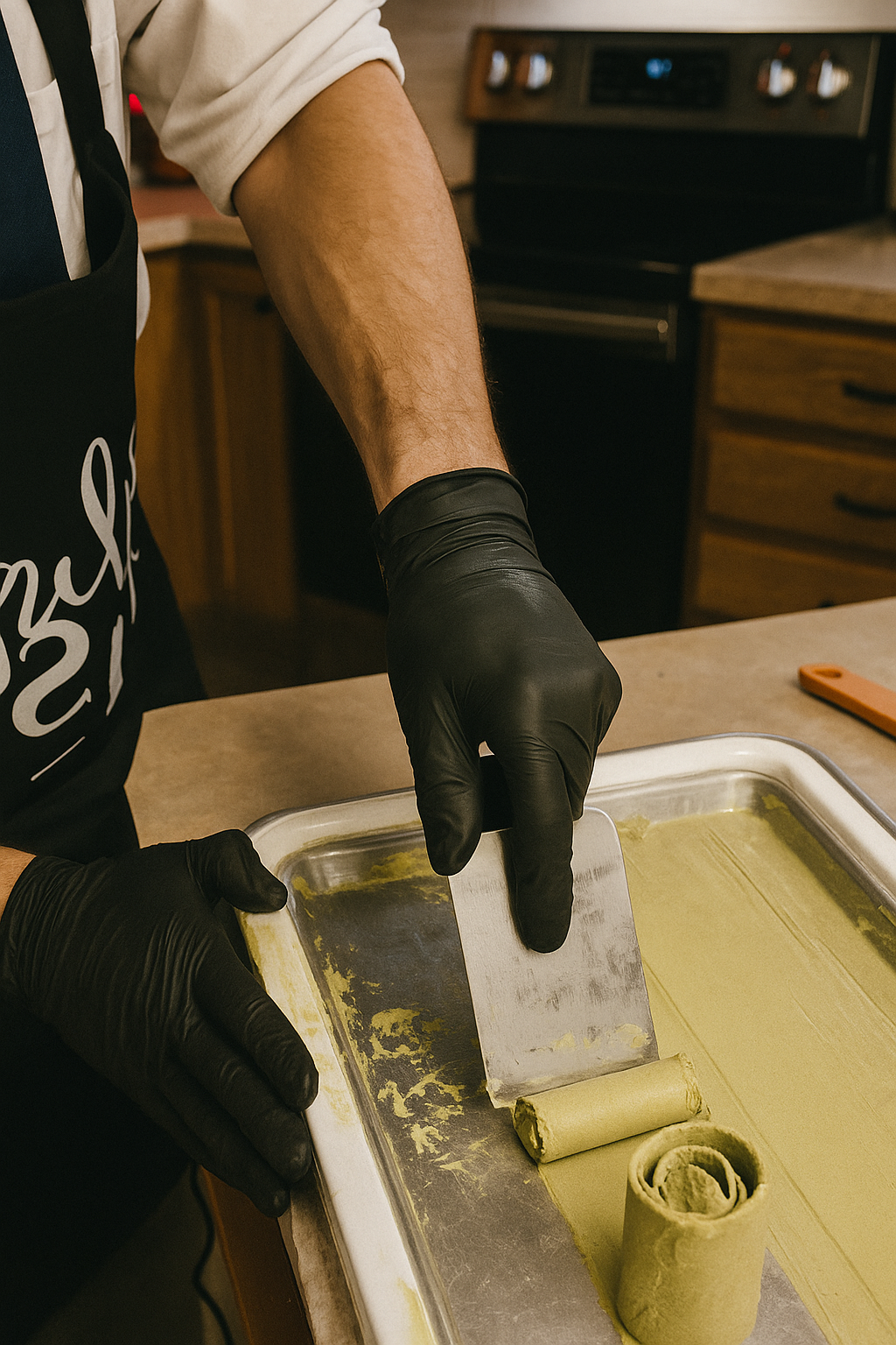 Rolled ice cream being made on a stainless cold plate
