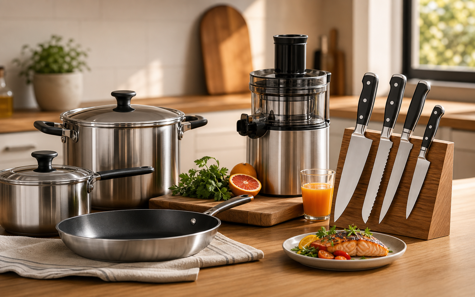 Premium stainless cookware, knife set, juicer, and plated dish