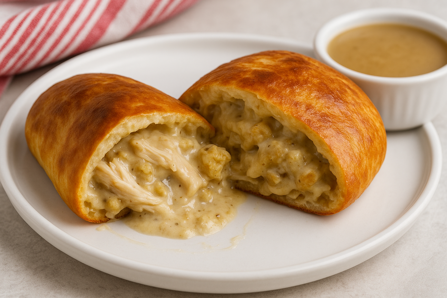 Golden Thanksgiving calzones filled with turkey, stuffing, mashed potatoes, cheese, and cranberry