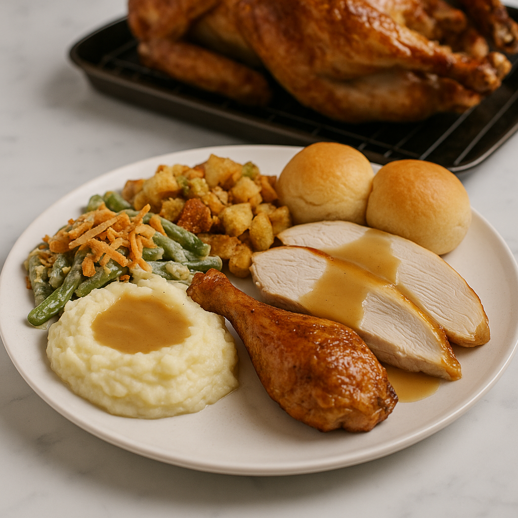 Ultimate Thanksgiving turkey, stuffing, mashed potatoes, green bean casserole and rolls