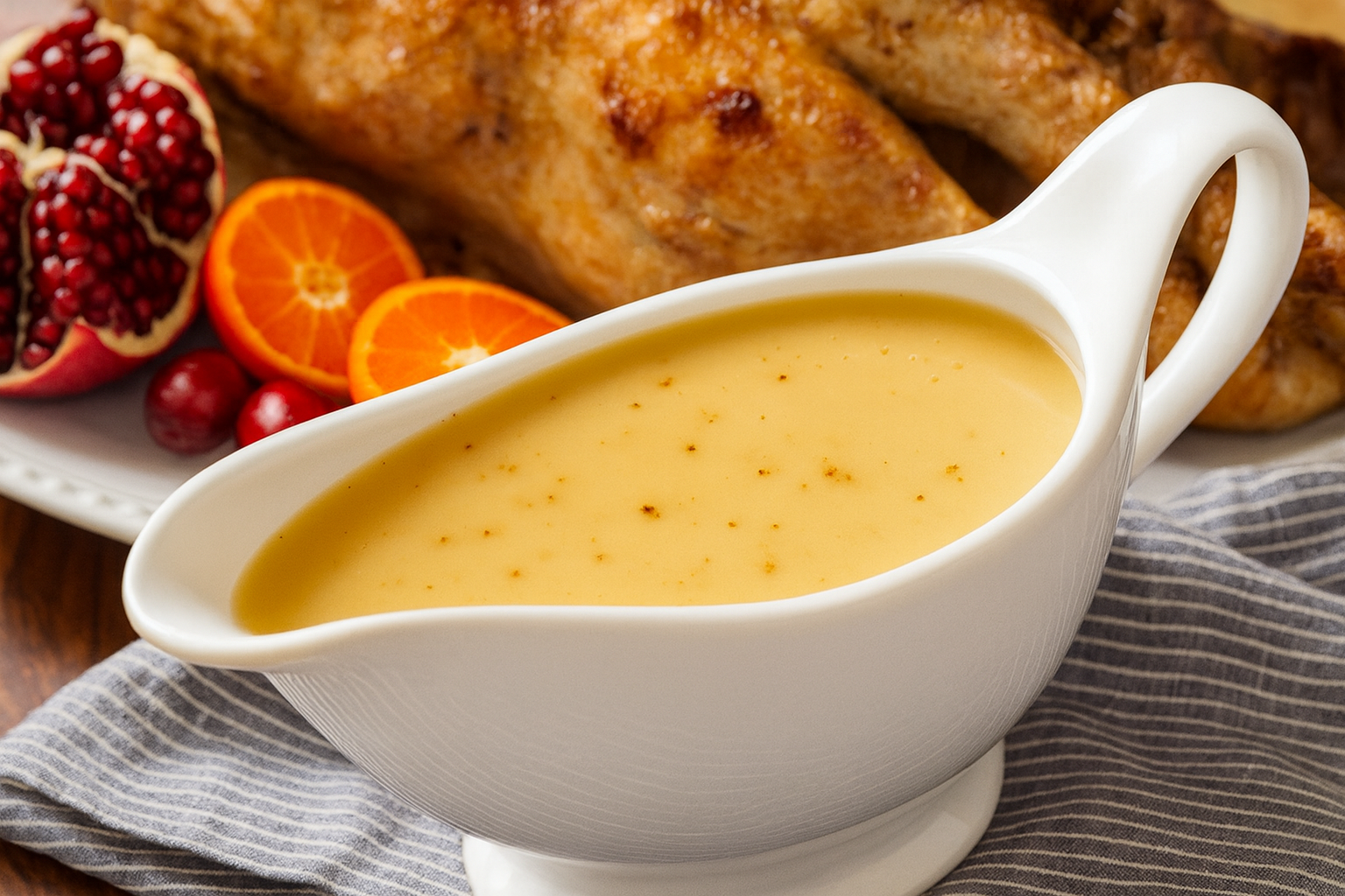 Sauce boat of rich turkey gravy made from neck and gizzards