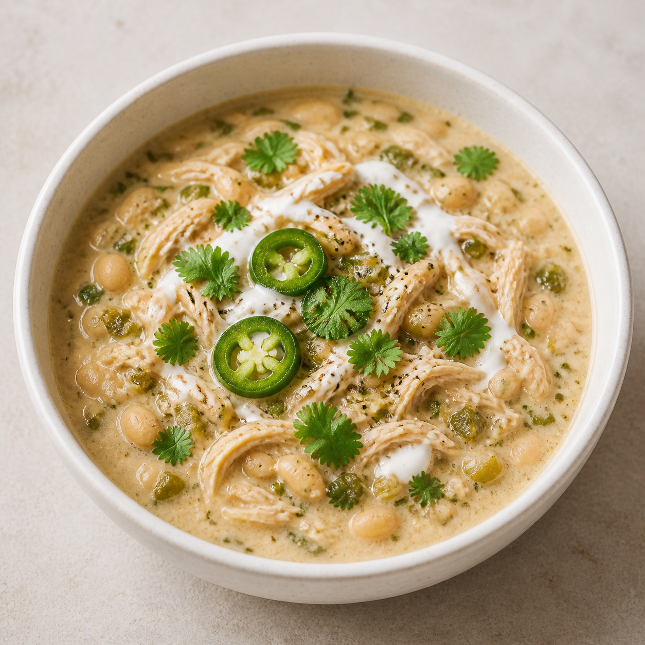 A bowl of creamy white chicken chili topped with herbs and crunch